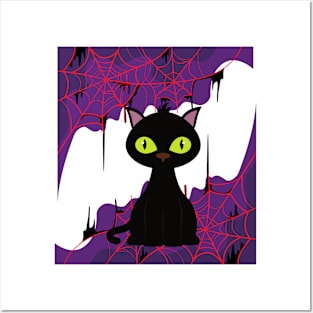 Halloween Black Cat and Web Posters and Art